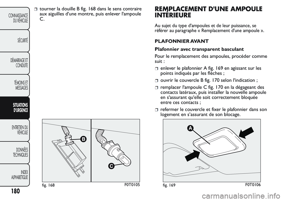 FIAT FIORINO 2017  Notice dentretien (in French) tourner la douille B fig. 168 dans le sens contraire
aux aiguilles d'une montre, puis enlever l'ampoule
C.REMPLACEMENT D'UNE AMPOULE
INTÉRIEURE
Au sujet du type d'ampoules et de leur 