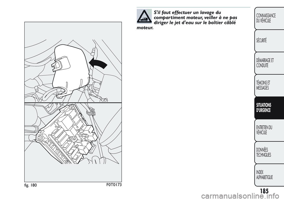 FIAT FIORINO 2017  Notice dentretien (in French) S'il faut effectuer un lavage du
compartiment moteur, veiller à ne pas
diriger le jet d'eau sur le boîtier câblé
moteur.
fig. 180F0T0173
185
CONNAISSANCE
DU VÉHICULE
SÉCURITÉ
DÉMARRAGE