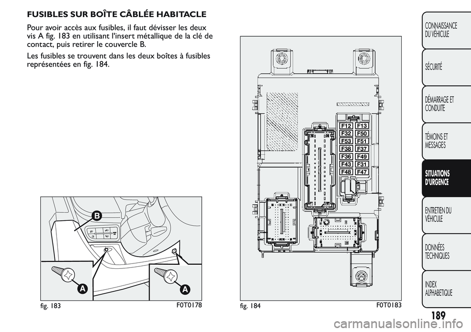 FIAT FIORINO 2017 Notice dentretien (in French) FUSIBLES SUR BOÎTE CÂBLÉE HABITACLE
Pour avoir accès aux fusibles, il faut dévisser les deux
vis A fig. 183 en utilisant l'insert métallique de la clé de
contact, puis retirer le couvercle FIAT FIORINO 2017 Notice dentretien (in French) FUSIBLES SUR BOÎTE CÂBLÉE HABITACLE
Pour avoir accès aux fusibles, il faut dévisser les deux
vis A fig. 183 en utilisant l'insert métallique de la clé de
contact, puis retirer le couvercle