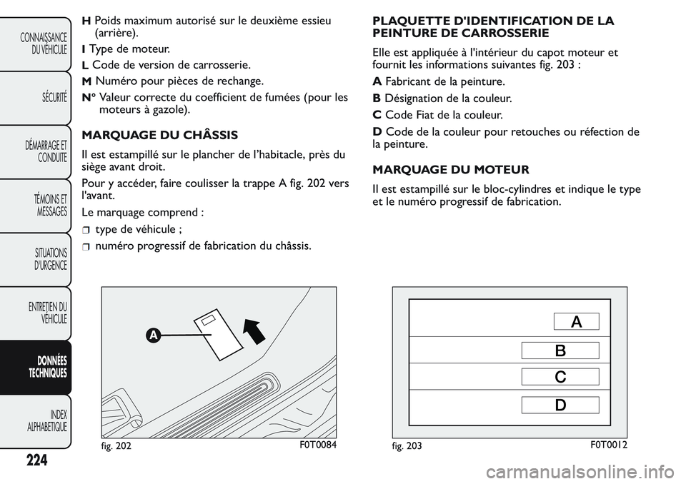 FIAT FIORINO 2017  Notice dentretien (in French) HPoids maximum autorisé sur le deuxième essieu
(arrière).
IType de moteur.
LCode de version de carrosserie.
MNuméro pour pièces de rechange.
N°Valeur correcte du coefficient de fumées (pour les