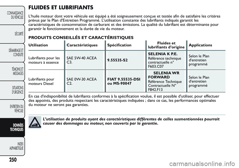 FIAT FIORINO 2017  Notice dentretien (in French) FLUIDES ET LUBRIFIANTS
L'huile moteur dont votre véhicule est équipé a été soigneusement conçue et testée afin de satisfaire les critères
prévus par le Plan d'Entretien Programmé. L&