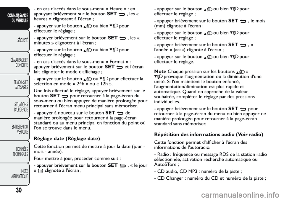 FIAT FIORINO 2017 Notice dentretien (in French) - en cas d'accès dans le sous-menu « Heure»:en
appuyant brièvement sur le boutonSET
, les «
heures » clignotent à l'écran ;
- appuyer sur le bouton
ou bienpour
effectuer le réglage ;
FIAT FIORINO 2017 Notice dentretien (in French) - en cas d'accès dans le sous-menu « Heure»:en
appuyant brièvement sur le boutonSET
, les «
heures » clignotent à l'écran ;
- appuyer sur le bouton
ou bienpour
effectuer le réglage ;