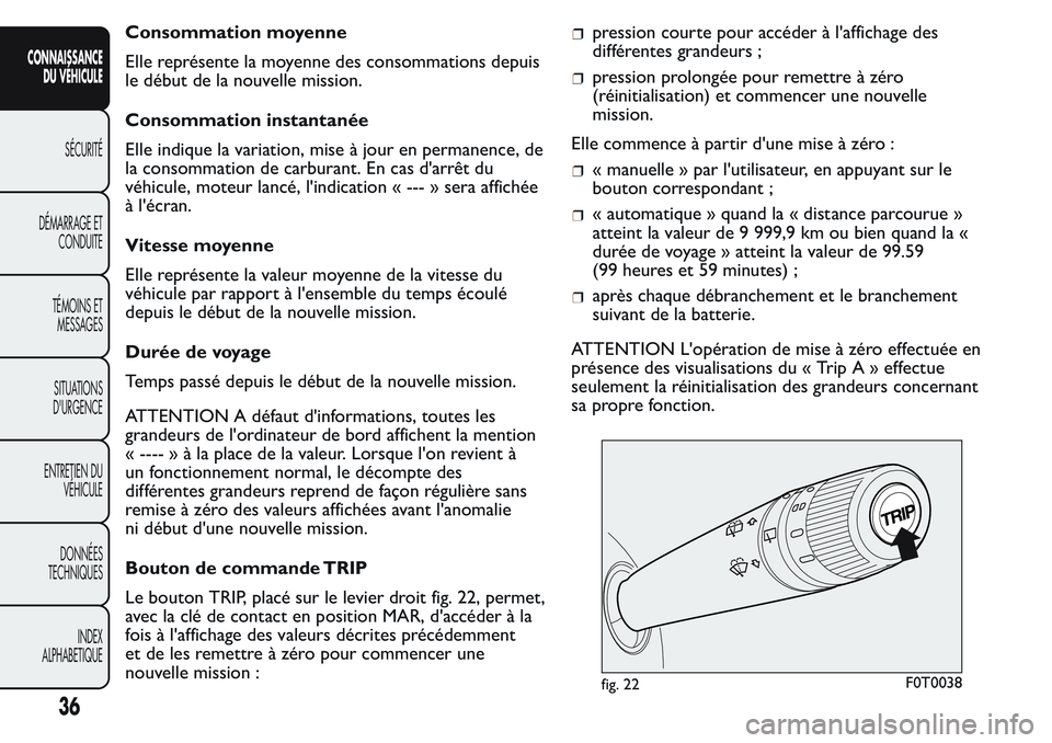 FIAT FIORINO 2017 Notice dentretien (in French) Consommation moyenne
Elle représente la moyenne des consommations depuis
le début de la nouvelle mission.
Consommation instantanée
Elle indique la variation, mise à jour en permanence, de
la conso FIAT FIORINO 2017 Notice dentretien (in French) Consommation moyenne
Elle représente la moyenne des consommations depuis
le début de la nouvelle mission.
Consommation instantanée
Elle indique la variation, mise à jour en permanence, de
la conso