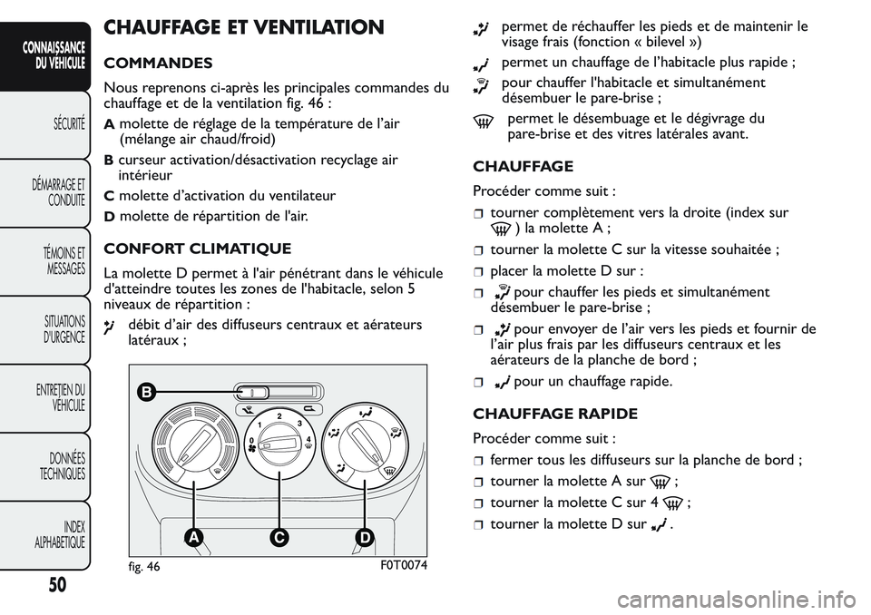 FIAT FIORINO 2017 Notice dentretien (in French) CHAUFFAGE ET VENTILATION
COMMANDES
Nous reprenons ci-après les principales commandes du
chauffage et de la ventilation fig. 46 :
Amolette de réglage de la température de l’air
(mélange air chaud FIAT FIORINO 2017 Notice dentretien (in French) CHAUFFAGE ET VENTILATION
COMMANDES
Nous reprenons ci-après les principales commandes du
chauffage et de la ventilation fig. 46 :
Amolette de réglage de la température de l’air
(mélange air chaud