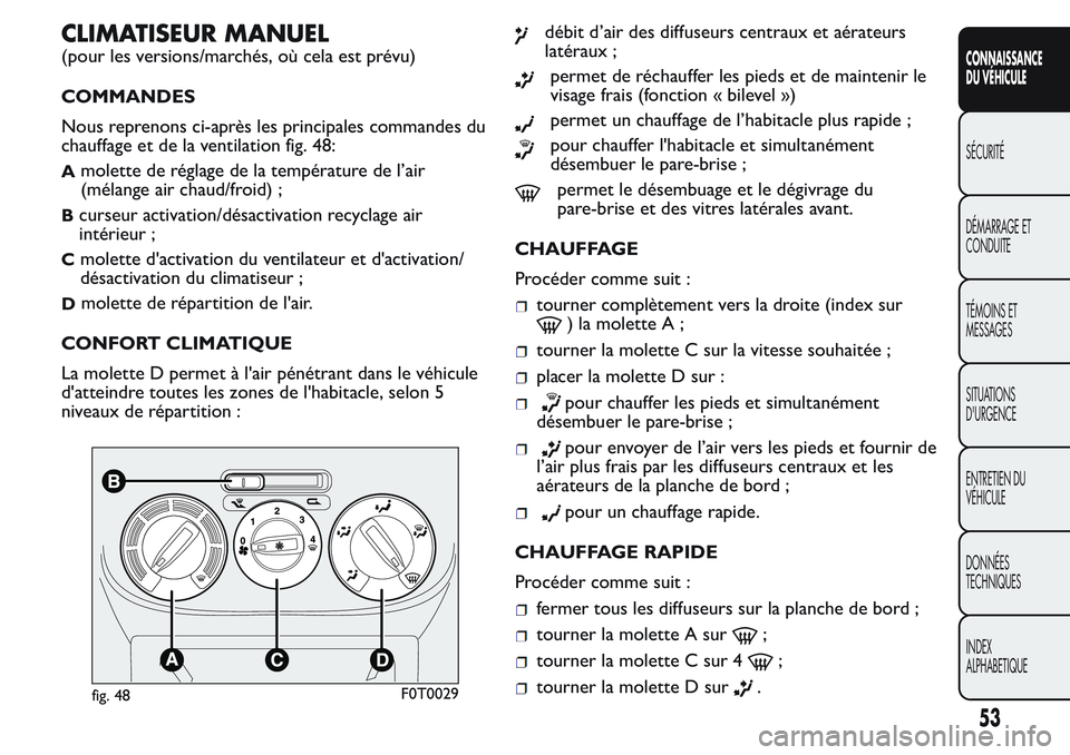 FIAT FIORINO 2017 Notice dentretien (in French) CLIMATISEUR MANUEL
(pour les versions/marchés, où cela est prévu)
COMMANDES
Nous reprenons ci-après les principales commandes du
chauffage et de la ventilation fig. 48:
Amolette de réglage de la FIAT FIORINO 2017 Notice dentretien (in French) CLIMATISEUR MANUEL
(pour les versions/marchés, où cela est prévu)
COMMANDES
Nous reprenons ci-après les principales commandes du
chauffage et de la ventilation fig. 48:
Amolette de réglage de la