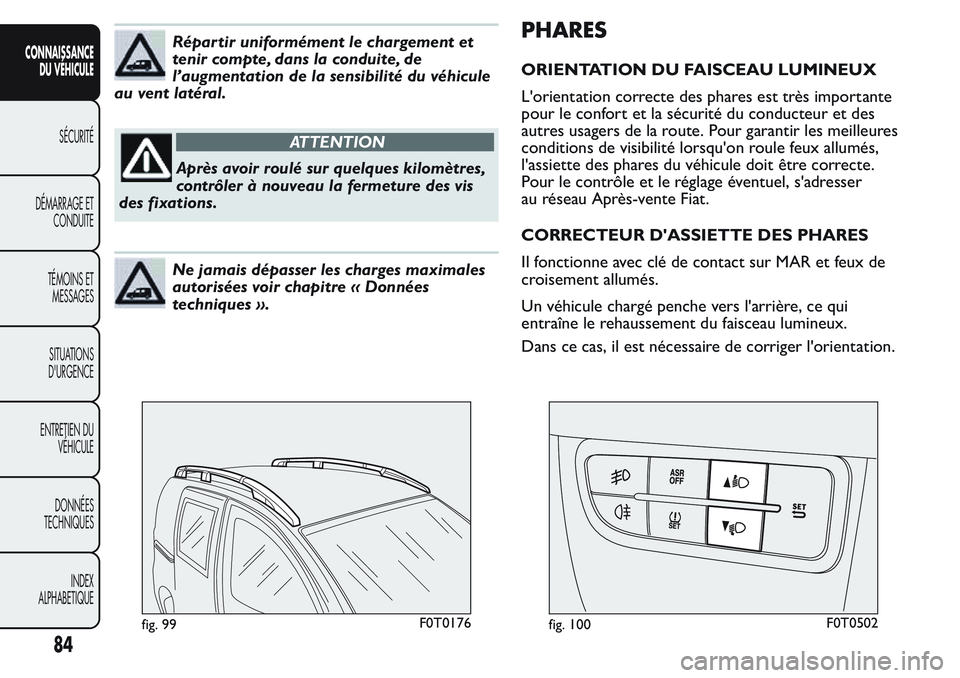 FIAT FIORINO 2017 Notice dentretien (in French) Répar tir uniformément le chargement et
tenir compte, dans la conduite, de
l’augmentation de la sensibilité du véhicule
au vent latéral.
ATTENTION
Après avoir roulé sur quelques kilomètres,
FIAT FIORINO 2017 Notice dentretien (in French) Répar tir uniformément le chargement et
tenir compte, dans la conduite, de
l’augmentation de la sensibilité du véhicule
au vent latéral.
ATTENTION
Après avoir roulé sur quelques kilomètres,