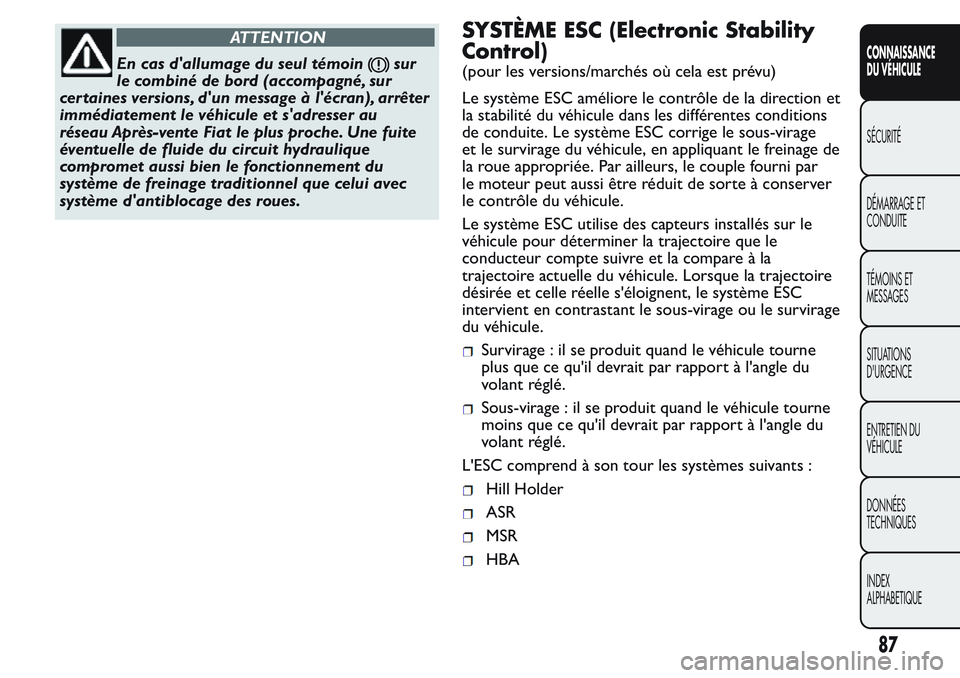 FIAT FIORINO 2017  Notice dentretien (in French) ATTENTION
En cas d'allumage du seul témoinsur
le combiné de bord (accompagné, sur
certaines versions, d'un message à l'écran), arrêter
immédiatement le véhicule et s'adresser a