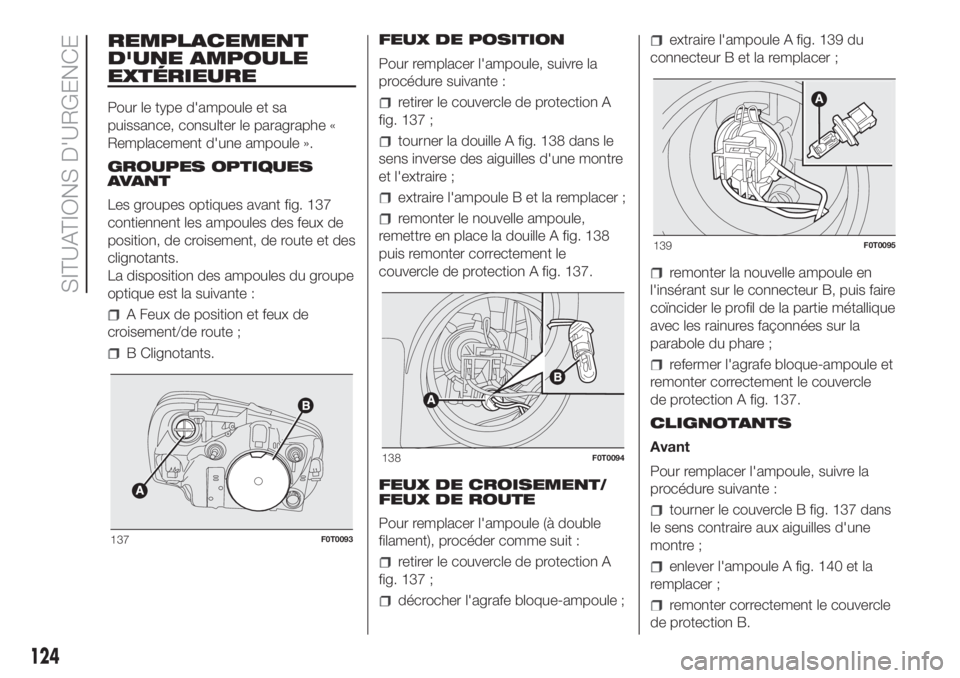 FIAT FIORINO 2018 Notice dentretien (in French) REMPLACEMENT
D'UNE AMPOULE
EXTÉRIEURE
Pour le type d'ampoule et sa
puissance, consulter le paragraphe «
Remplacement d'une ampoule ».
GROUPES OPTIQUES
AVANT
Les groupes optiques avant f FIAT FIORINO 2018 Notice dentretien (in French) REMPLACEMENT
D'UNE AMPOULE
EXTÉRIEURE
Pour le type d'ampoule et sa
puissance, consulter le paragraphe «
Remplacement d'une ampoule ».
GROUPES OPTIQUES
AVANT
Les groupes optiques avant f