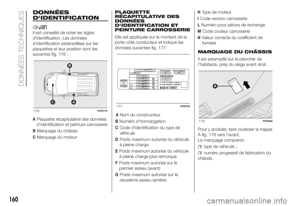 FIAT FIORINO 2018 Notice dentretien (in French) 160
DONNÉES TECHNIQUES
DONNÉES
D'IDENTIFICATION
Il est conseillé de noter les sigles
d'identification. Les données
d'identification estampillées sur les
plaquettes et leur position so FIAT FIORINO 2018 Notice dentretien (in French) 160
DONNÉES TECHNIQUES
DONNÉES
D'IDENTIFICATION
Il est conseillé de noter les sigles
d'identification. Les données
d'identification estampillées sur les
plaquettes et leur position so