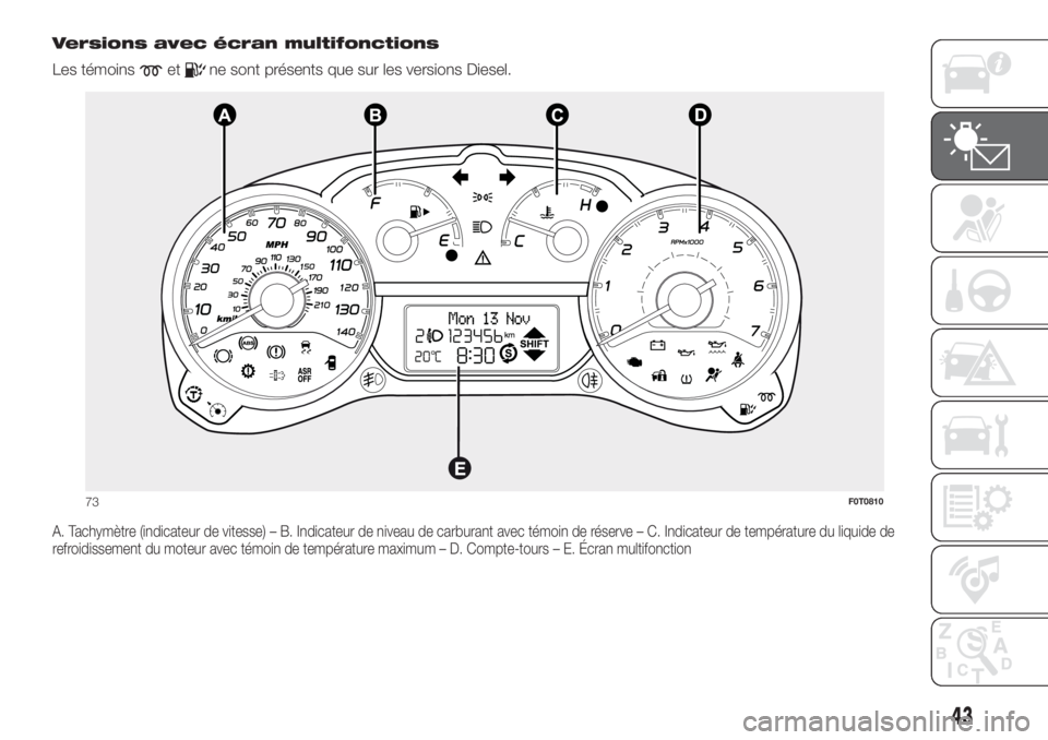 FIAT FIORINO 2018 Notice dentretien (in French) Versions avec écran multifonctions
Les témoins
etne sont présents que sur les versions Diesel.
A. Tachymètre (indicateur de vitesse) – B. Indicateur de niveau de carburant avec témoin de réser FIAT FIORINO 2018 Notice dentretien (in French) Versions avec écran multifonctions
Les témoins
etne sont présents que sur les versions Diesel.
A. Tachymètre (indicateur de vitesse) – B. Indicateur de niveau de carburant avec témoin de réser