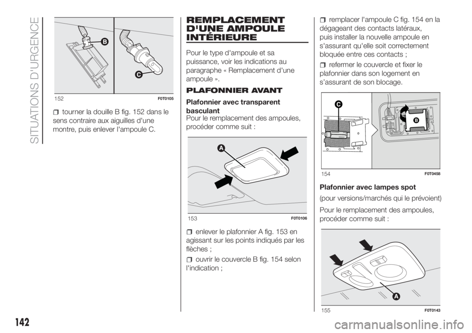 FIAT FIORINO 2019  Notice dentretien (in French) tourner la douille B fig. 152 dans le
sens contraire aux aiguilles d'une
montre, puis enlever l'ampoule C.
REMPLACEMENT
D'UNE AMPOULE
INTÉRIEURE
Pour le type d'ampoule et sa
puissance