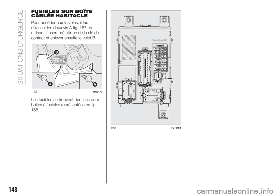 FIAT FIORINO 2019  Notice dentretien (in French) FUSIBLES SUR BOÎTE
CÂBLÉE HABITACLE
Pour accéder aux fusibles, il faut
dévisser les deux vis A fig. 167 en
utilisant l'insert métallique de la clé de
contact et enlever ensuite le volet B.

