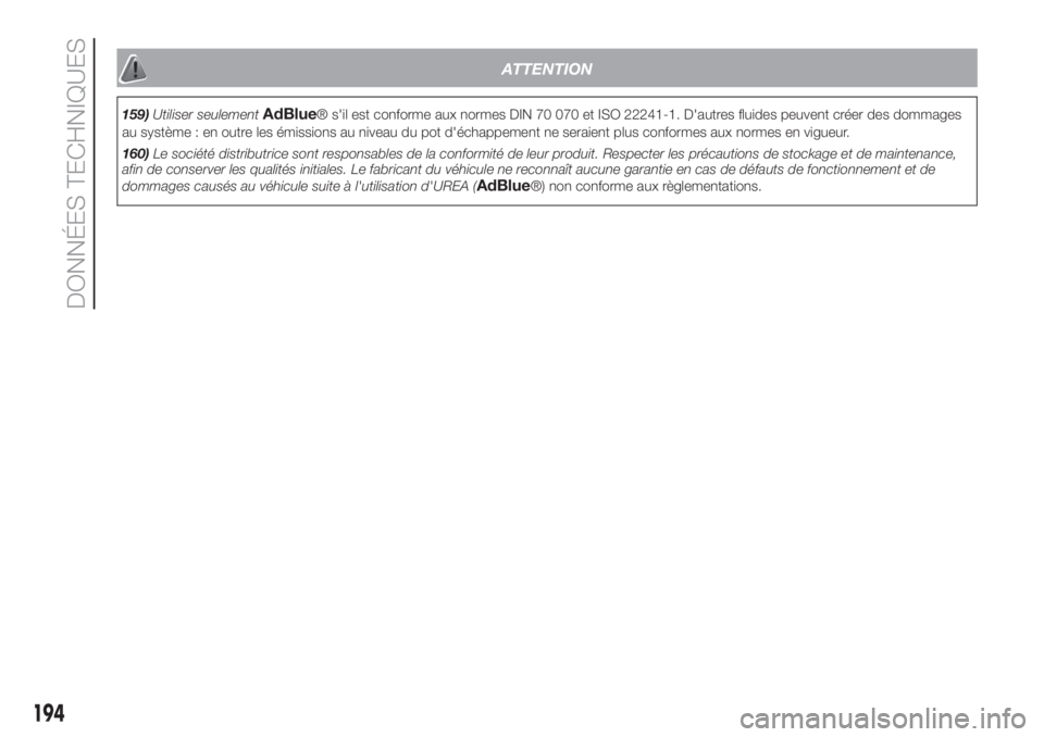 FIAT FIORINO 2019 Notice dentretien (in French) ATTENTION
159)Utiliser seulementAdBlue® s'il est conforme aux normes DIN 70 070 et ISO 22241-1. D'autres fluides peuvent créer des dommages
au système : en outre les émissions au niveau du FIAT FIORINO 2019 Notice dentretien (in French) ATTENTION
159)Utiliser seulementAdBlue® s'il est conforme aux normes DIN 70 070 et ISO 22241-1. D'autres fluides peuvent créer des dommages
au système : en outre les émissions au niveau du