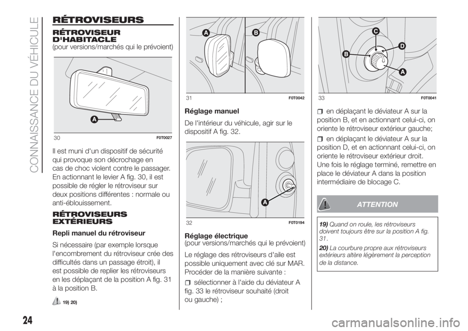 FIAT FIORINO 2019 Notice dentretien (in French) RÉTROVISEURS
RÉTROVISEUR
D'HABITACLE
(pour versions/marchés qui le prévoient)
Il est muni d'un dispositif de sécurité
qui provoque son décrochage en
cas de choc violent contre le passag FIAT FIORINO 2019 Notice dentretien (in French) RÉTROVISEURS
RÉTROVISEUR
D'HABITACLE
(pour versions/marchés qui le prévoient)
Il est muni d'un dispositif de sécurité
qui provoque son décrochage en
cas de choc violent contre le passag