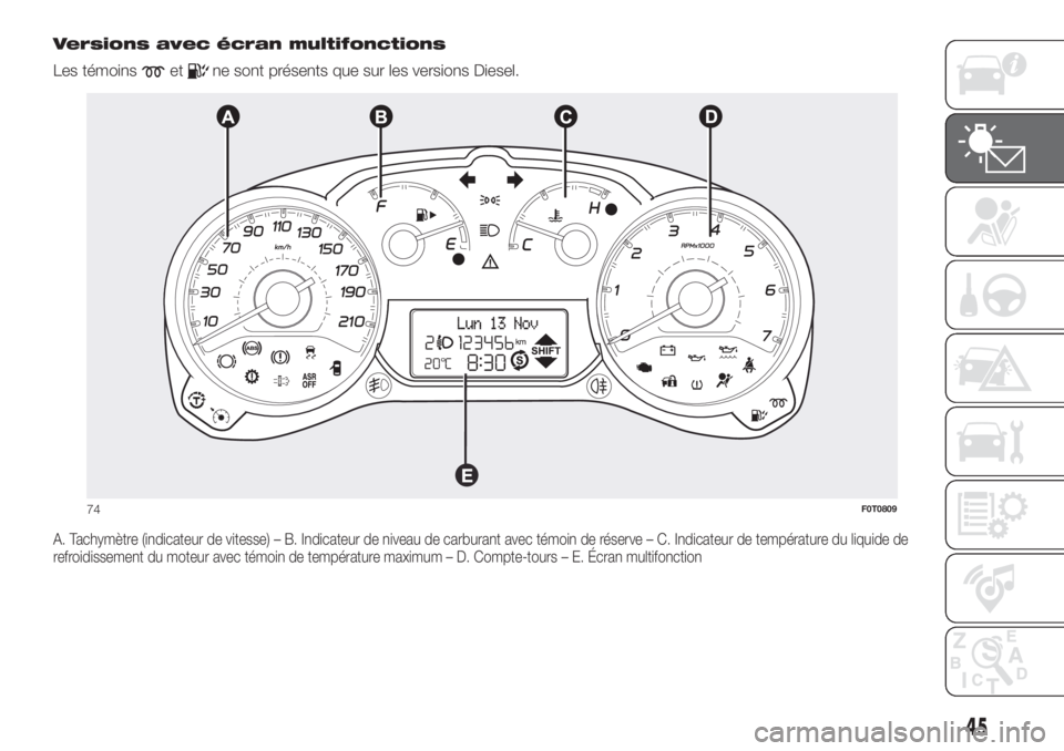 FIAT FIORINO 2019 Notice dentretien (in French) Versions avec écran multifonctions
Les témoins
etne sont présents que sur les versions Diesel.
A. Tachymètre (indicateur de vitesse) – B. Indicateur de niveau de carburant avec témoin de réser FIAT FIORINO 2019 Notice dentretien (in French) Versions avec écran multifonctions
Les témoins
etne sont présents que sur les versions Diesel.
A. Tachymètre (indicateur de vitesse) – B. Indicateur de niveau de carburant avec témoin de réser