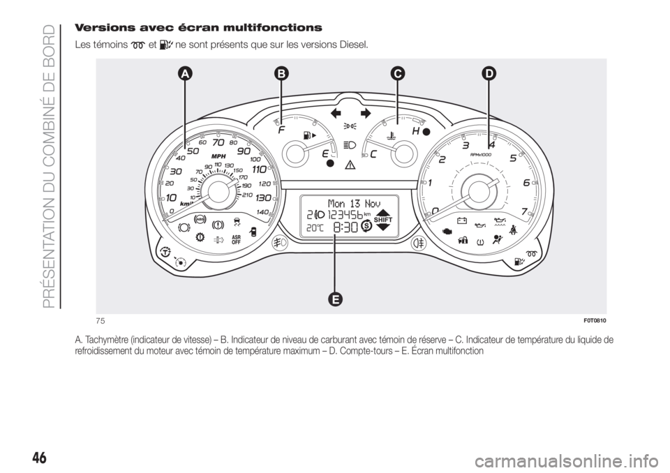 FIAT FIORINO 2019 Notice dentretien (in French) Versions avec écran multifonctions
Les témoins
etne sont présents que sur les versions Diesel.
A. Tachymètre (indicateur de vitesse) – B. Indicateur de niveau de carburant avec témoin de réser FIAT FIORINO 2019 Notice dentretien (in French) Versions avec écran multifonctions
Les témoins
etne sont présents que sur les versions Diesel.
A. Tachymètre (indicateur de vitesse) – B. Indicateur de niveau de carburant avec témoin de réser