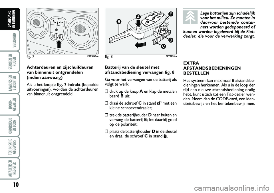 FIAT FIORINO 2008  Instructieboek (in Dutch) 10
VEILIGHEID
STARTEN EN
RIJDEN
LAMPJES EN
BERICHTEN
NOOD-
GEVALLEN
ONDERHOUD 
EN ZORG
TECHNISCHE
GEGEVENS
ALFABETISCH
REGISTER
DASHBOARD 
EN BEDIENING 
Batterij van de sleutel met 
afstandsbediening 