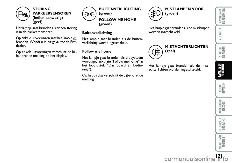FIAT FIORINO 2007 Instructieboek (in Dutch) 121
NOOD-
GEVALLEN
ONDERHOUD
EN ZORG
TECHNISCHE
GEGEVENS
ALFABETISCH
REGISTER
DASHBOARD
EN BEDIENING
VEILIGHEID
STARTEN
EN RIJDEN
LAMPJES EN
BERICHTEN
STORING
PARKEERSENSOREN
(indien aanwezig)
( FIAT FIORINO 2007 Instructieboek (in Dutch) 121
NOOD-
GEVALLEN
ONDERHOUD
EN ZORG
TECHNISCHE
GEGEVENS
ALFABETISCH
REGISTER
DASHBOARD
EN BEDIENING
VEILIGHEID
STARTEN
EN RIJDEN
LAMPJES EN
BERICHTEN
STORING
PARKEERSENSOREN
(indien aanwezig)
(