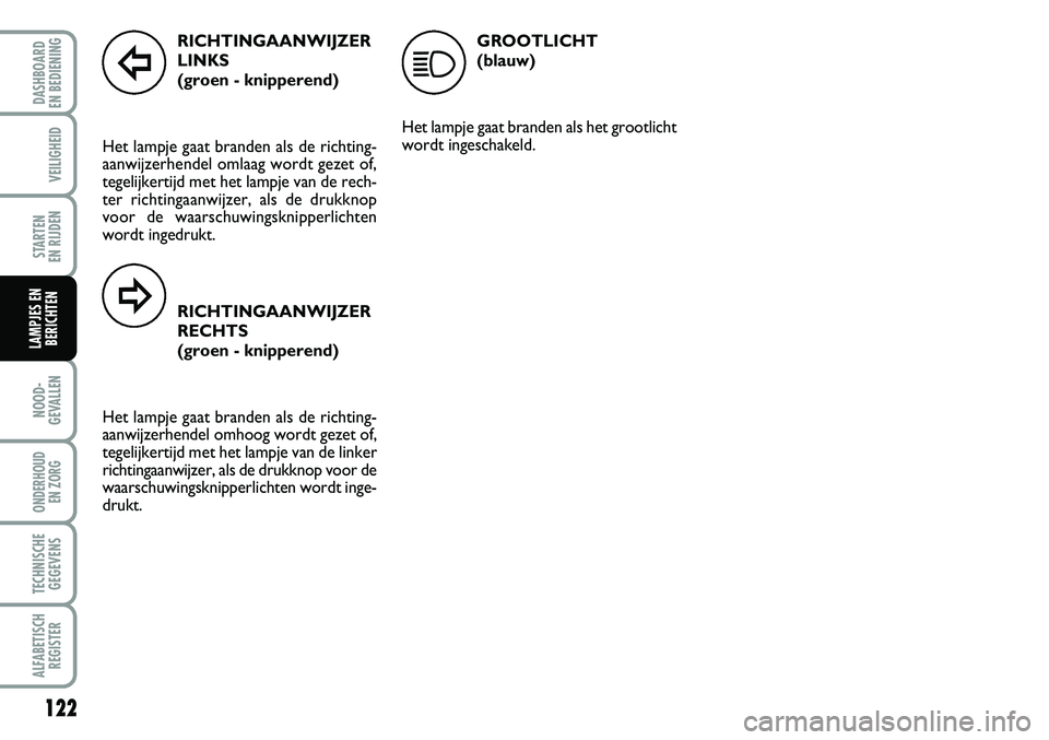 FIAT FIORINO 2007 Instructieboek (in Dutch) 122
NOOD-
GEVALLEN
ONDERHOUD
EN ZORG
TECHNISCHE
GEGEVENS
ALFABETISCH
REGISTER
DASHBOARD
EN BEDIENING
VEILIGHEID
STARTEN
EN RIJDEN
LAMPJES EN
BERICHTEN
RICHTINGAANWIJZER
LINKS
(groen - knipperend) FIAT FIORINO 2007 Instructieboek (in Dutch) 122
NOOD-
GEVALLEN
ONDERHOUD
EN ZORG
TECHNISCHE
GEGEVENS
ALFABETISCH
REGISTER
DASHBOARD
EN BEDIENING
VEILIGHEID
STARTEN
EN RIJDEN
LAMPJES EN
BERICHTEN
RICHTINGAANWIJZER
LINKS
(groen - knipperend)