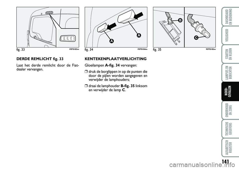 FIAT FIORINO 2007 Instructieboek (in Dutch) 141
LAMPJES EN
BERICHTEN
ONDERHOUD
EN ZORG
TECHNISCHE
GEGEVENS
ALFABETISCH
REGISTER
DASHBOARD
EN BEDIENING
VEILIGHEID
STARTEN
EN RIJDEN
NOOD-
GEVALLEN
DERDE REMLICHT fig. 33
Laat het derde remlich FIAT FIORINO 2007 Instructieboek (in Dutch) 141
LAMPJES EN
BERICHTEN
ONDERHOUD
EN ZORG
TECHNISCHE
GEGEVENS
ALFABETISCH
REGISTER
DASHBOARD
EN BEDIENING
VEILIGHEID
STARTEN
EN RIJDEN
NOOD-
GEVALLEN
DERDE REMLICHT fig. 33
Laat het derde remlich