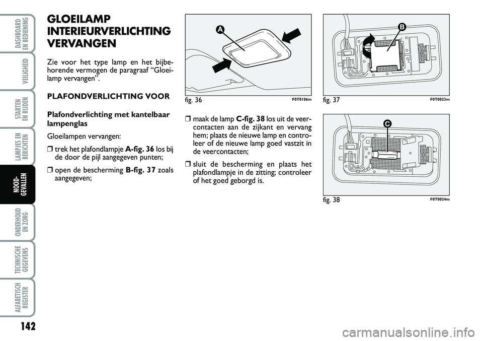 FIAT FIORINO 2007 Instructieboek (in Dutch) 142
LAMPJES EN
BERICHTEN
ONDERHOUD
EN ZORG
TECHNISCHE
GEGEVENS
ALFABETISCH
REGISTER
DASHBOARD
EN BEDIENING
VEILIGHEID
STARTEN
EN RIJDEN
NOOD-
GEVALLEN
GLOEILAMP
INTERIEURVERLICHTING
VERVANGEN
Zie FIAT FIORINO 2007 Instructieboek (in Dutch) 142
LAMPJES EN
BERICHTEN
ONDERHOUD
EN ZORG
TECHNISCHE
GEGEVENS
ALFABETISCH
REGISTER
DASHBOARD
EN BEDIENING
VEILIGHEID
STARTEN
EN RIJDEN
NOOD-
GEVALLEN
GLOEILAMP
INTERIEURVERLICHTING
VERVANGEN
Zie