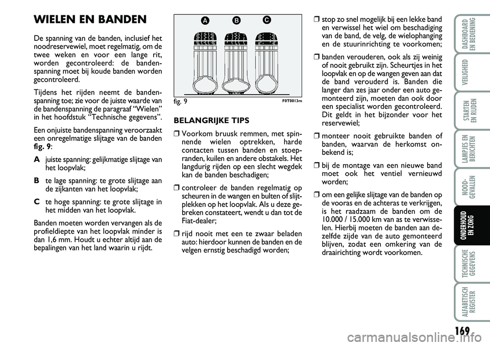 FIAT FIORINO 2008 Instructieboek (in Dutch) 169
LAMPJES EN
BERICHTEN
TECHNISCHE
GEGEVENS
ALFABETISCH
REGISTER
DASHBOARD
EN BEDIENING
VEILIGHEID
STARTEN
EN RIJDEN
NOOD-
GEVALLEN
ONDERHOUD
EN ZORG
WIELEN EN BANDEN
De spanning van de banden, i FIAT FIORINO 2008 Instructieboek (in Dutch) 169
LAMPJES EN
BERICHTEN
TECHNISCHE
GEGEVENS
ALFABETISCH
REGISTER
DASHBOARD
EN BEDIENING
VEILIGHEID
STARTEN
EN RIJDEN
NOOD-
GEVALLEN
ONDERHOUD
EN ZORG
WIELEN EN BANDEN
De spanning van de banden, i