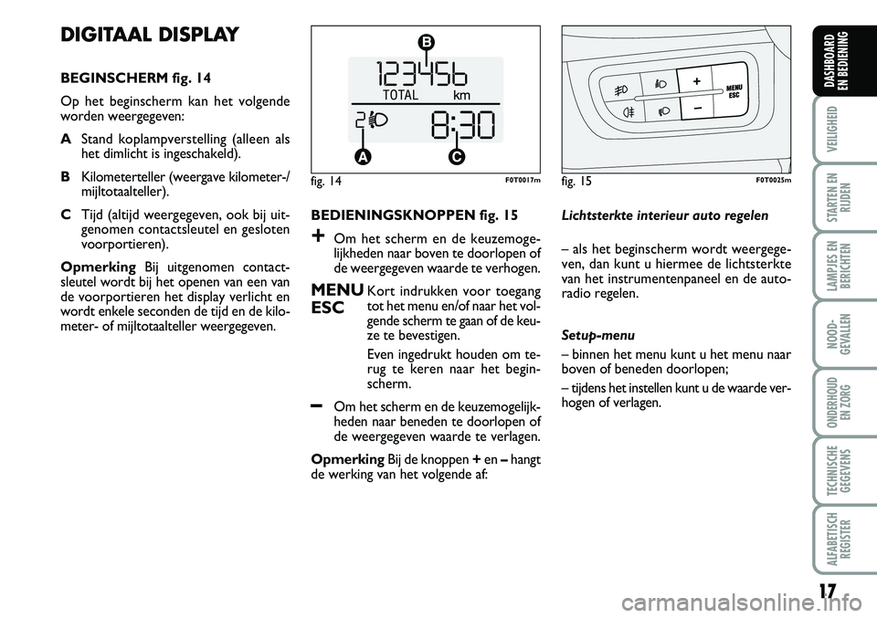 FIAT FIORINO 2008  Instructieboek (in Dutch) 17
VEILIGHEID
STARTEN EN
RIJDEN
LAMPJES EN
BERICHTEN
NOOD-
GEVALLEN
ONDERHOUD 
EN ZORG
TECHNISCHE
GEGEVENS
ALFABETISCH
REGISTER
DASHBOARD 
EN BEDIENING 
BEDIENINGSKNOPPEN fig. 15
+Om het scherm en de 