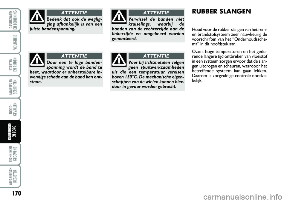 FIAT FIORINO 2007 Instructieboek (in Dutch) 170
LAMPJES EN
BERICHTEN
TECHNISCHE
GEGEVENS
ALFABETISCH
REGISTER
DASHBOARD
EN BEDIENING
VEILIGHEID
STARTEN
EN RIJDEN
NOOD-
GEVALLEN
ONDERHOUD
EN ZORG
RUBBER SLANGEN
Houd voor de rubber slangen va FIAT FIORINO 2007 Instructieboek (in Dutch) 170
LAMPJES EN
BERICHTEN
TECHNISCHE
GEGEVENS
ALFABETISCH
REGISTER
DASHBOARD
EN BEDIENING
VEILIGHEID
STARTEN
EN RIJDEN
NOOD-
GEVALLEN
ONDERHOUD
EN ZORG
RUBBER SLANGEN
Houd voor de rubber slangen va