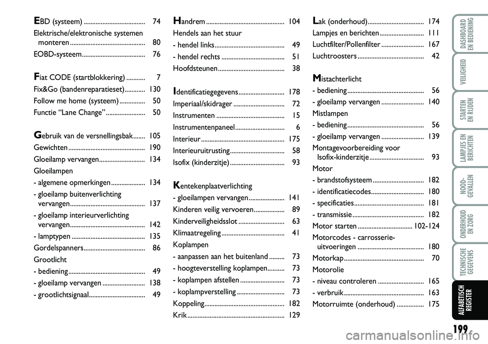 FIAT FIORINO 2007 Instructieboek (in Dutch) 199
LAMPJES EN
BERICHTEN
DASHBOARD
EN BEDIENING
VEILIGHEID
STARTEN
EN RIJDEN
NOOD-
GEVALLEN
ONDERHOUD
EN ZORG
TECHNISCHE
GEGEVENS
ALFABETISCH
REGISTER
Handrem...................................... FIAT FIORINO 2007 Instructieboek (in Dutch) 199
LAMPJES EN
BERICHTEN
DASHBOARD
EN BEDIENING
VEILIGHEID
STARTEN
EN RIJDEN
NOOD-
GEVALLEN
ONDERHOUD
EN ZORG
TECHNISCHE
GEGEVENS
ALFABETISCH
REGISTER
Handrem......................................