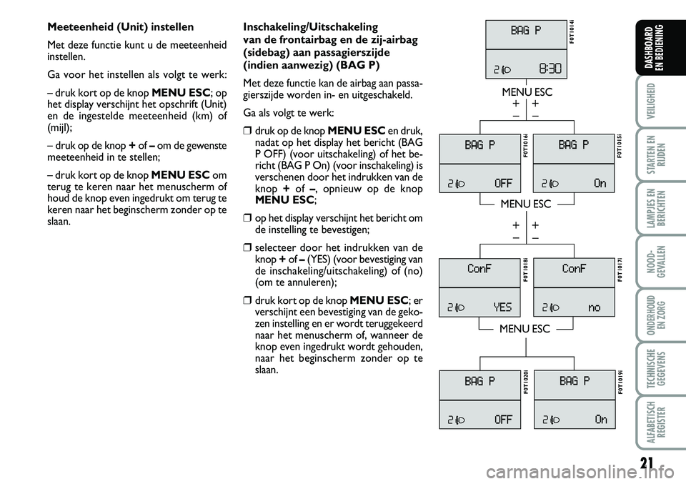 FIAT FIORINO 2007 Instructieboek (in Dutch) 21
VEILIGHEID
STARTEN EN
RIJDEN
LAMPJES EN
BERICHTEN
NOOD-
GEVALLEN
ONDERHOUD
EN ZORG
TECHNISCHE
GEGEVENS
ALFABETISCH
REGISTER
DASHBOARD
EN BEDIENING
Meeteenheid (Unit) instellen
Met deze functie k FIAT FIORINO 2007 Instructieboek (in Dutch) 21
VEILIGHEID
STARTEN EN
RIJDEN
LAMPJES EN
BERICHTEN
NOOD-
GEVALLEN
ONDERHOUD
EN ZORG
TECHNISCHE
GEGEVENS
ALFABETISCH
REGISTER
DASHBOARD
EN BEDIENING
Meeteenheid (Unit) instellen
Met deze functie k