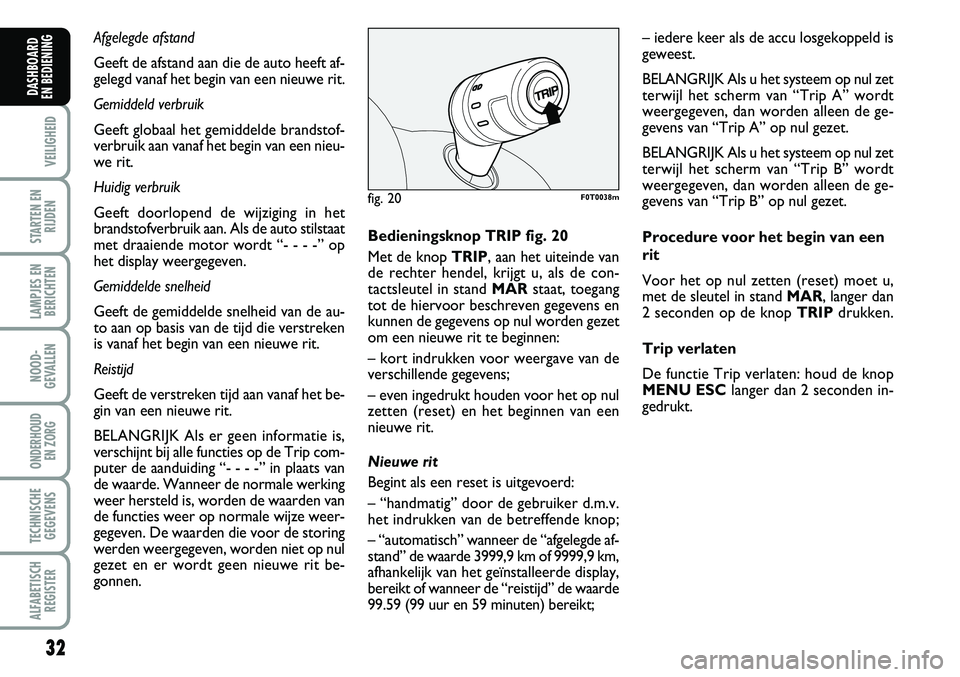 FIAT FIORINO 2008  Instructieboek (in Dutch) 32
VEILIGHEID
STARTEN EN
RIJDEN
LAMPJES EN
BERICHTEN
NOOD-
GEVALLEN
ONDERHOUD 
EN ZORG
TECHNISCHE
GEGEVENS
ALFABETISCH
REGISTER
DASHBOARD 
EN BEDIENING 
Afgelegde afstand
Geeft de afstand aan die de a