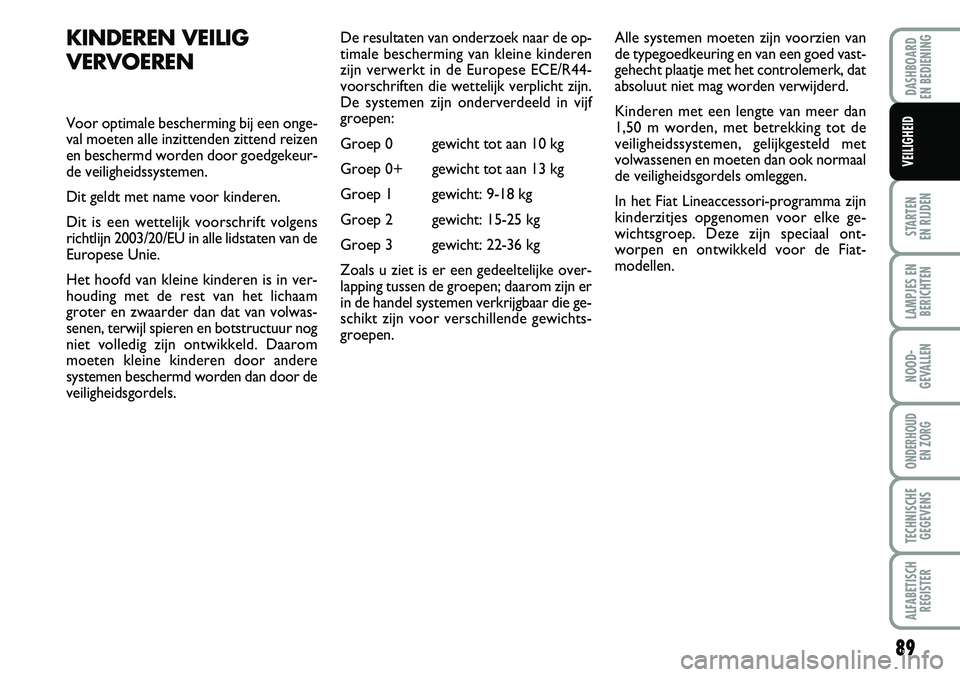 FIAT FIORINO 2008  Instructieboek (in Dutch) 89
STARTEN 
EN RIJDEN
LAMPJES EN
BERICHTEN
NOOD-
GEVALLEN
ONDERHOUD 
EN ZORG
TECHNISCHE
GEGEVENS
ALFABETISCH
REGISTER
DASHBOARD 
EN BEDIENING 
VEILIGHEID
KINDEREN VEILIG
VERVOEREN
Voor optimale besche