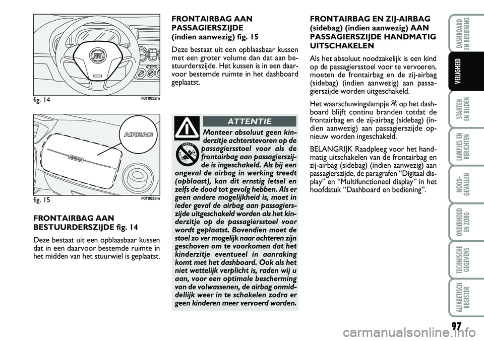 FIAT FIORINO 2008  Instructieboek (in Dutch) 97
STARTEN 
EN RIJDEN
LAMPJES EN
BERICHTEN
NOOD-
GEVALLEN
ONDERHOUD 
EN ZORG
TECHNISCHE
GEGEVENS
ALFABETISCH
REGISTER
DASHBOARD 
EN BEDIENING 
VEILIGHEID
FRONTAIRBAG AAN 
BESTUURDERSZIJDE fig. 14
Deze