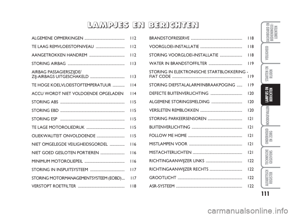 FIAT FIORINO 2009  Instructieboek (in Dutch) 111
NOODGEVALLEN
ONDERHOUD
EN ZORG
TECHNISCHE
GEGEVENS
ALFABETISCH
REGISTER
DASHBOARD ENBEDIENINGSE-
LEMENTEN
VEILIGHEID
STARTEN EN
RIJDEN
LAMPJES EN
BERICHTEN
ALGEMENE OPMERKINGEN....................