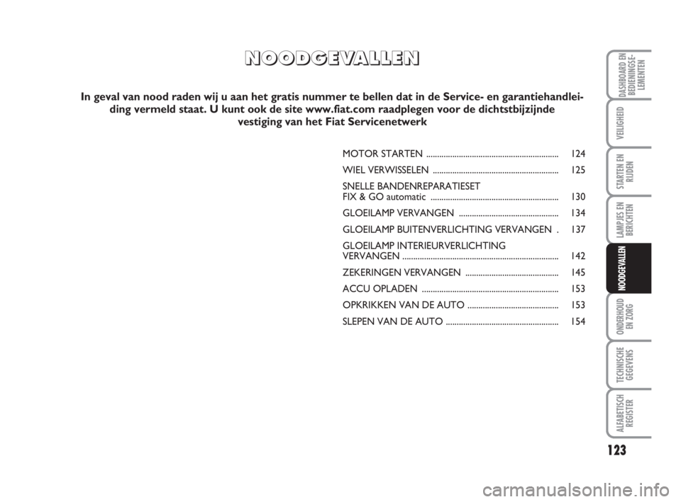 FIAT FIORINO 2009 Instructieboek (in Dutch) 123
LAMPJES EN
BERICHTEN
ONDERHOUD
EN ZORG
TECHNISCHE
GEGEVENS
ALFABETISCH
REGISTER
DASHBOARD ENBEDIENINGSE-
LEMENTEN
VEILIGHEID
STARTEN EN
RIJDEN
NOODGEVALLEN
N N
O O
O O
D D
G G
E E
V V
A A
L L
L L
FIAT FIORINO 2009 Instructieboek (in Dutch) 123
LAMPJES EN
BERICHTEN
ONDERHOUD
EN ZORG
TECHNISCHE
GEGEVENS
ALFABETISCH
REGISTER
DASHBOARD ENBEDIENINGSE-
LEMENTEN
VEILIGHEID
STARTEN EN
RIJDEN
NOODGEVALLEN
N N
O O
O O
D D
G G
E E
V V
A A
L L
L L
