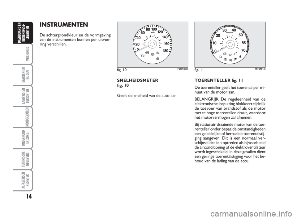 FIAT FIORINO 2009  Instructieboek (in Dutch) INSTRUMENTEN
De achtergrondkleur en de vormgeving
van de instrumenten kunnen per uitvoe-
ring verschillen.
SNELHEIDSMETER 
fig. 10
Geeft de snelheid van de auto aan.TOERENTELLER fig. 11
De toerentelle
