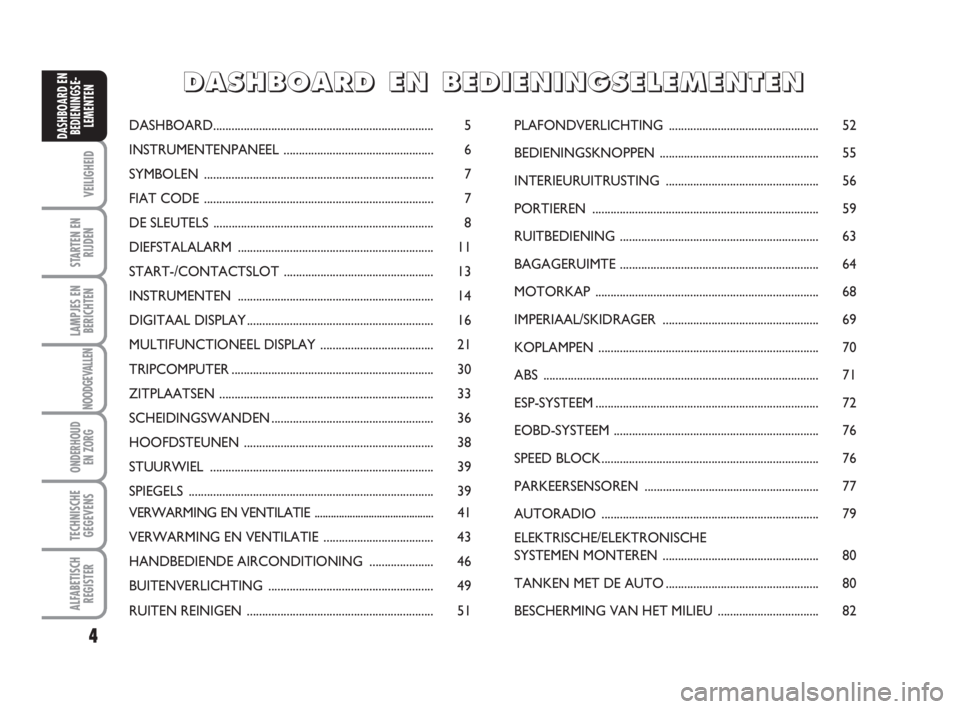 FIAT FIORINO 2009  Instructieboek (in Dutch) 4
VEILIGHEID
STARTEN EN
RIJDEN
LAMPJES EN
BERICHTEN
NOODGEVALLEN
ONDERHOUD
EN ZORG
TECHNISCHE
GEGEVENS
ALFABETISCH
REGISTER
DASHBOARD EN
BEDIENINGSE-
LEMENTENDASHBOARD.................................