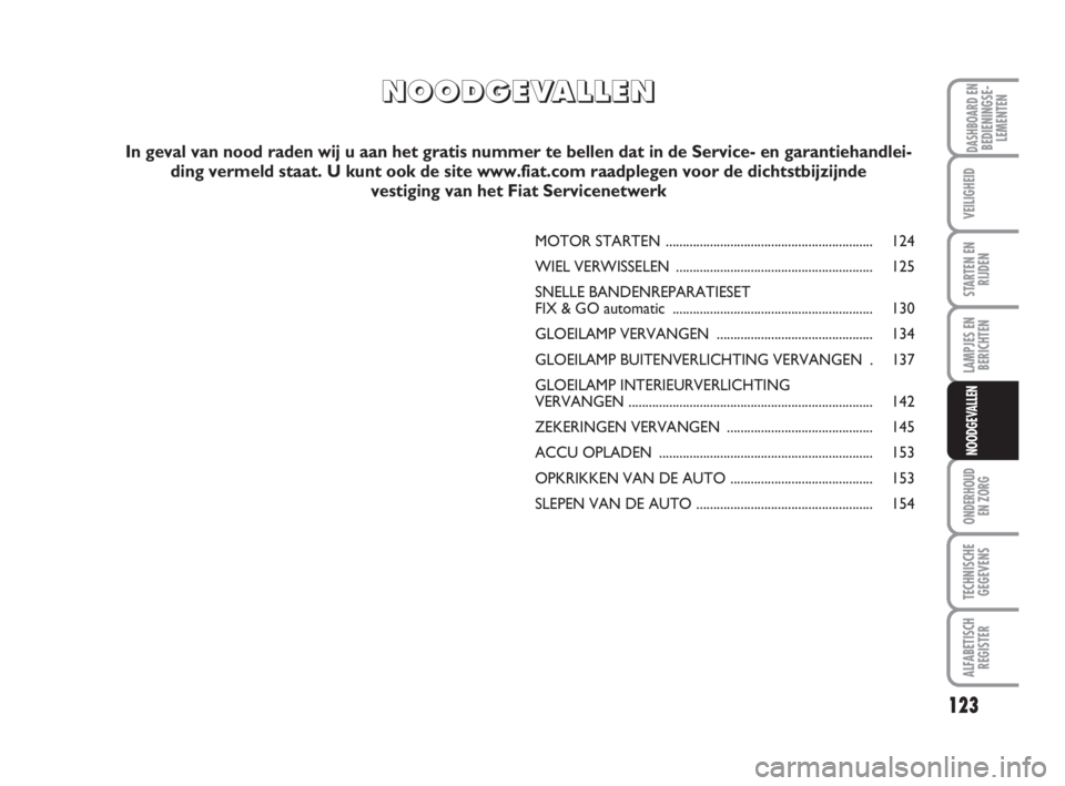 FIAT FIORINO 2012 Instructieboek (in Dutch) 123
LAMPJES EN
BERICHTEN
ONDERHOUD
EN ZORG
TECHNISCHE
GEGEVENS
ALFABETISCH
REGISTER
DASHBOARD ENBEDIENINGSE-
LEMENTEN
VEILIGHEID
STARTEN EN
RIJDEN
NOODGEVALLEN
N N
O O
O O
D D
G G
E E
V V
A A
L L
L L
FIAT FIORINO 2012 Instructieboek (in Dutch) 123
LAMPJES EN
BERICHTEN
ONDERHOUD
EN ZORG
TECHNISCHE
GEGEVENS
ALFABETISCH
REGISTER
DASHBOARD ENBEDIENINGSE-
LEMENTEN
VEILIGHEID
STARTEN EN
RIJDEN
NOODGEVALLEN
N N
O O
O O
D D
G G
E E
V V
A A
L L
L L