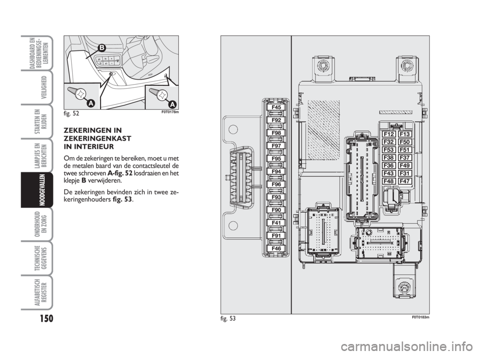 FIAT FIORINO 2012 Instructieboek (in Dutch) 150
LAMPJES EN
BERICHTEN
ONDERHOUD
EN ZORG
TECHNISCHE
GEGEVENS
ALFABETISCH
REGISTER
DASHBOARD ENBEDIENINGSE-
LEMENTEN
VEILIGHEID
STARTEN EN
RIJDEN
NOODGEVALLEN
ZEKERINGEN IN
ZEKERINGENKAST
IN INTERIEU FIAT FIORINO 2012 Instructieboek (in Dutch) 150
LAMPJES EN
BERICHTEN
ONDERHOUD
EN ZORG
TECHNISCHE
GEGEVENS
ALFABETISCH
REGISTER
DASHBOARD ENBEDIENINGSE-
LEMENTEN
VEILIGHEID
STARTEN EN
RIJDEN
NOODGEVALLEN
ZEKERINGEN IN
ZEKERINGENKAST
IN INTERIEU
