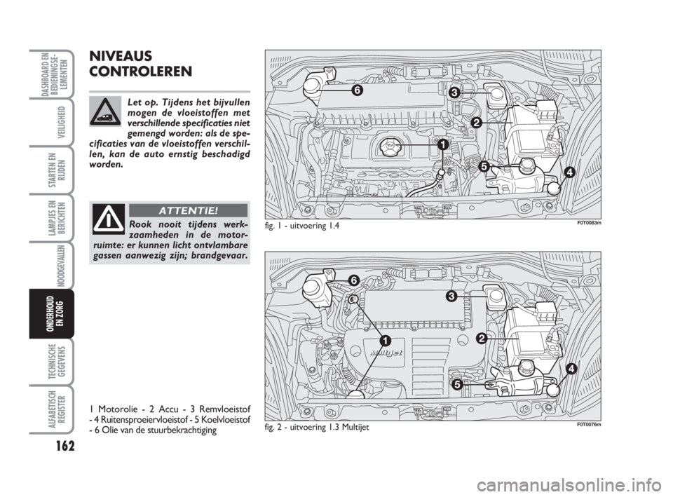 FIAT FIORINO 2012 Instructieboek (in Dutch) 162
LAMPJES EN
BERICHTEN
TECHNISCHE
GEGEVENS
ALFABETISCH
REGISTER
DASHBOARD ENBEDIENINGSE-
LEMENTEN
VEILIGHEID
STARTEN EN
RIJDEN
NOODGEVALLEN
ONDERHOUD
EN ZORG
NIVEAUS
CONTROLEREN
Rook nooit tijdens w FIAT FIORINO 2012 Instructieboek (in Dutch) 162
LAMPJES EN
BERICHTEN
TECHNISCHE
GEGEVENS
ALFABETISCH
REGISTER
DASHBOARD ENBEDIENINGSE-
LEMENTEN
VEILIGHEID
STARTEN EN
RIJDEN
NOODGEVALLEN
ONDERHOUD
EN ZORG
NIVEAUS
CONTROLEREN
Rook nooit tijdens w