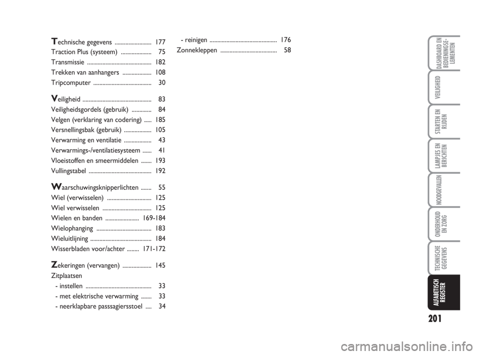 FIAT FIORINO 2010  Instructieboek (in Dutch) 201
LAMPJES EN
BERICHTEN
DASHBOARD ENBEDIENINGSE-
LEMENTEN
VEILIGHEID
STARTEN EN
RIJDEN
NOODGEVALLEN
ONDERHOUD
EN ZORG
TECHNISCHE
GEGEVENS
ALFABETISCH
REGISTER
Technische gegevens ....................