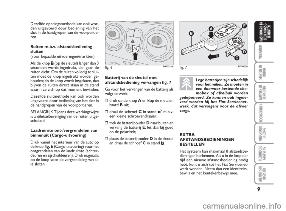 FIAT FIORINO 2016  Instructieboek (in Dutch) 9
VEILIGHEID
STARTEN EN
RIJDEN
LAMPJES EN
BERICHTEN
NOODGEVALLEN
ONDERHOUD
EN ZORG
TECHNISCHE
GEGEVENS
ALFABETISCH
REGISTER
DASHBOARD EN
BEDIENINGSE-
LEMENTEN
Dezelfde openingsmethode kan ook wor-
den