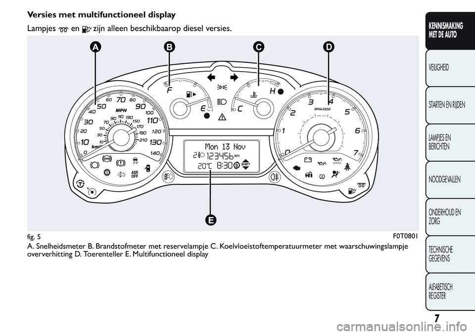 FIAT FIORINO 2017 Instructieboek (in Dutch) Versies met multifunctioneel display
Lampjes
enzijn alleen beschikbaarop diesel versies.
A. Snelheidsmeter B. Brandstofmeter met reservelampje C. Koelvloeistoftemperatuurmeter met waarschuwingslampje
FIAT FIORINO 2017 Instructieboek (in Dutch) Versies met multifunctioneel display
Lampjes
enzijn alleen beschikbaarop diesel versies.
A. Snelheidsmeter B. Brandstofmeter met reservelampje C. Koelvloeistoftemperatuurmeter met waarschuwingslampje