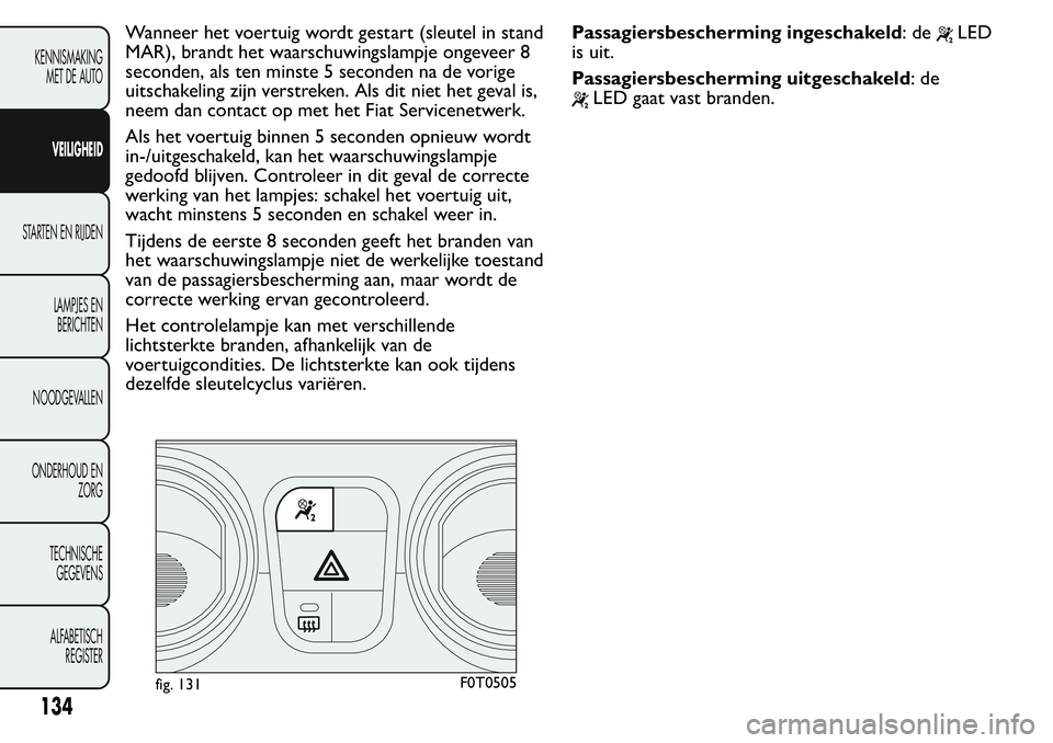 FIAT FIORINO 2017 Instructieboek (in Dutch) Wanneer het voertuig wordt gestart (sleutel in stand
MAR), brandt het waarschuwingslampje ongeveer 8
seconden, als ten minste 5 seconden na de vorige
uitschakeling zijn verstreken. Als dit niet het ge FIAT FIORINO 2017 Instructieboek (in Dutch) Wanneer het voertuig wordt gestart (sleutel in stand
MAR), brandt het waarschuwingslampje ongeveer 8
seconden, als ten minste 5 seconden na de vorige
uitschakeling zijn verstreken. Als dit niet het ge