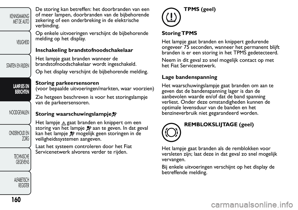 FIAT FIORINO 2017 Instructieboek (in Dutch) De storing kan betreffen: het doorbranden van een
of meer lampen, doorbranden van de bijbehorende
zekering of een onderbreking in de elektrische
verbinding.
Op enkele uitvoeringen verschijnt de bijbeh FIAT FIORINO 2017 Instructieboek (in Dutch) De storing kan betreffen: het doorbranden van een
of meer lampen, doorbranden van de bijbehorende
zekering of een onderbreking in de elektrische
verbinding.
Op enkele uitvoeringen verschijnt de bijbeh