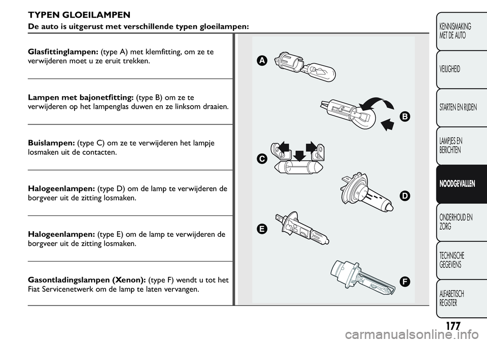 FIAT FIORINO 2017  Instructieboek (in Dutch) TYPEN GLOEILAMPEN
De auto is uitgerust met verschillende typen gloeilampen:
Glasfittinglampen:(type A) met klemfitting, om ze te
verwijderen moet u ze eruit trekken.
Lampen met bajonetfitting:(type B)