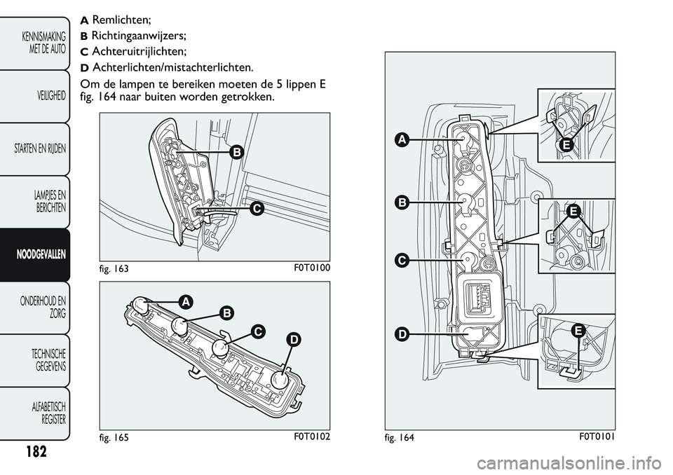 FIAT FIORINO 2017  Instructieboek (in Dutch) ARemlichten;
BRichtingaanwijzers;
CAchteruitrijlichten;
DAchterlichten/mistachterlichten.
Om de lampen te bereiken moeten de 5 lippen E
fig. 164 naar buiten worden getrokken.
fig. 163F0T0100
fig. 165F