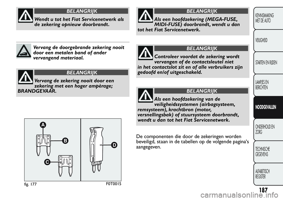 FIAT FIORINO 2017  Instructieboek (in Dutch) BELANGRIJK
Wendt u tot het Fiat Servicenetwerk als
de zekering opnieuw doorbrandt .
Vervang de doorgebrande zekering nooit
door een metalen band of ander
vervangend materiaal.
BELANGRIJK
Vervang de ze