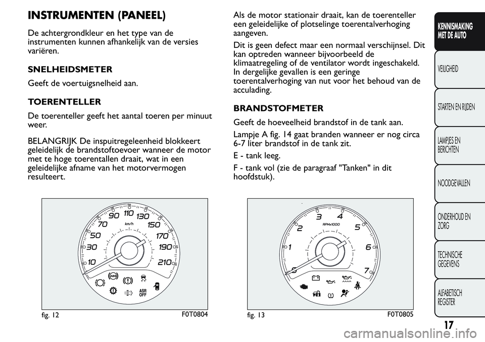 FIAT FIORINO 2017  Instructieboek (in Dutch) INSTRUMENTEN (PANEEL)
De achtergrondkleur en het type van de
instrumenten kunnen afhankelijk van de versies
variëren.
SNELHEIDSMETER
Geeft de voertuigsnelheid aan.
TOERENTELLER
De toerenteller geeft 