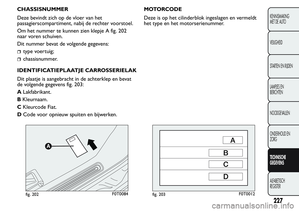 FIAT FIORINO 2017 Instructieboek (in Dutch) CHASSISNUMMER
Deze bevindt zich op de vloer van het
passagierscompartiment, nabij de rechter voorstoel.
Om het nummer te kunnen zien klepje A fig. 202
naar voren schuiven.
Dit nummer bevat de volgende FIAT FIORINO 2017 Instructieboek (in Dutch) CHASSISNUMMER
Deze bevindt zich op de vloer van het
passagierscompartiment, nabij de rechter voorstoel.
Om het nummer te kunnen zien klepje A fig. 202
naar voren schuiven.
Dit nummer bevat de volgende